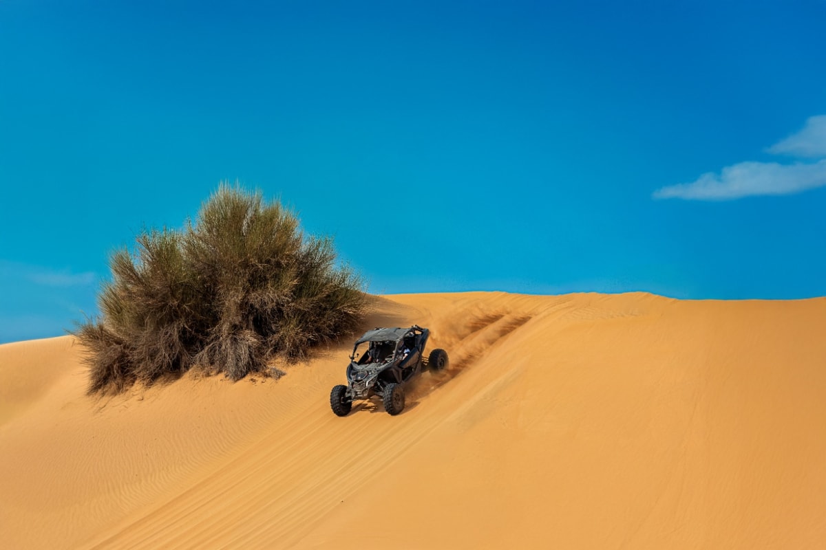 Two riders in a Can-Am Maverick buggy kicking up dust while driving across golden sand dunes in the desert (4)