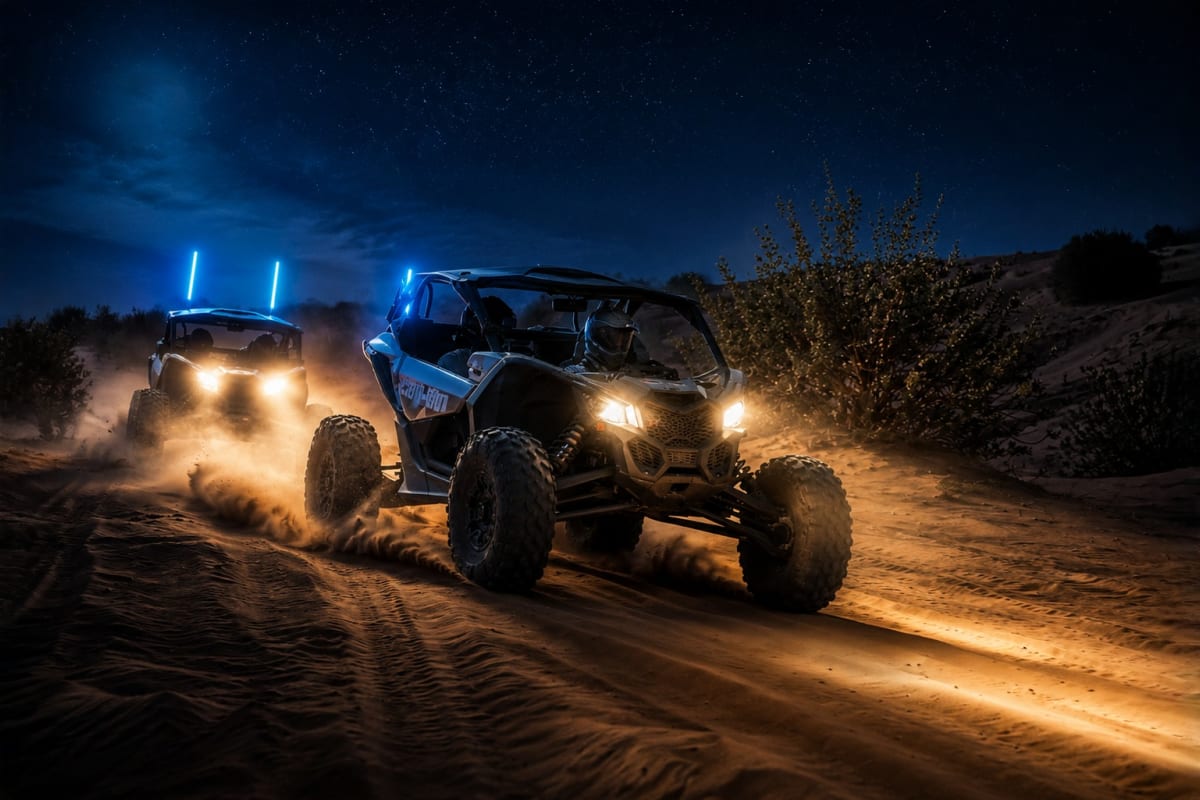 Two riders in a Can-Am Maverick buggy kicking up dust while driving across golden sand dunes in the desert (5)