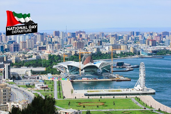 Baku waterfront, Caspian Sea and city skyline